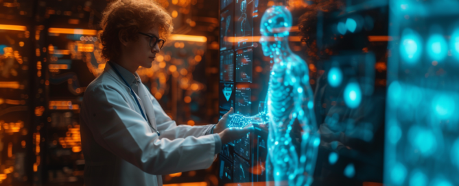 A blend of educational, futuristic, and digital art styles depicting the 'AI Literacy E-Learning Program for Healthcare Professionals'. Visualize a modern e-learning environment with cutting-edge AI technology integrated into healthcare education. Feature digital learning interfaces, healthcare professionals engaging with AI tools, and a symbolic representation of a human and AI figure shaking hands. Employ bright and engaging lighting to emphasize the innovative and interactive nature of the program. Include AI-driven data visualizations and interactive educational modules. --ar 16:9 --style raw --stylize 700 --v 6