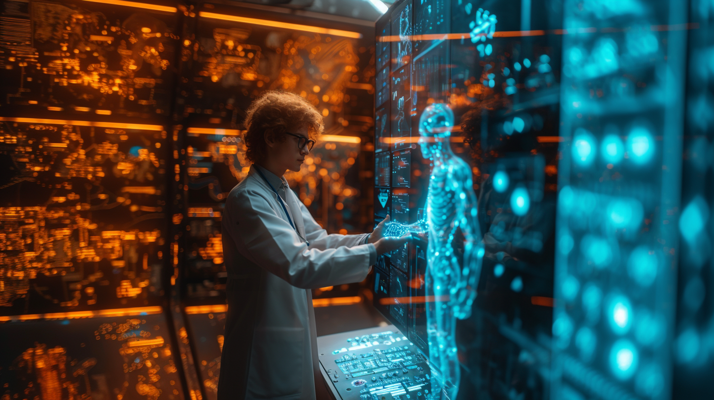 A blend of educational, futuristic, and digital art styles depicting the 'AI Literacy E-Learning Program for Healthcare Professionals'. Visualize a modern e-learning environment with cutting-edge AI technology integrated into healthcare education. Feature digital learning interfaces, healthcare professionals engaging with AI tools, and a symbolic representation of a human and AI figure shaking hands. Employ bright and engaging lighting to emphasize the innovative and interactive nature of the program. Include AI-driven data visualizations and interactive educational modules. --ar 16:9 --style raw --stylize 700 --v 6