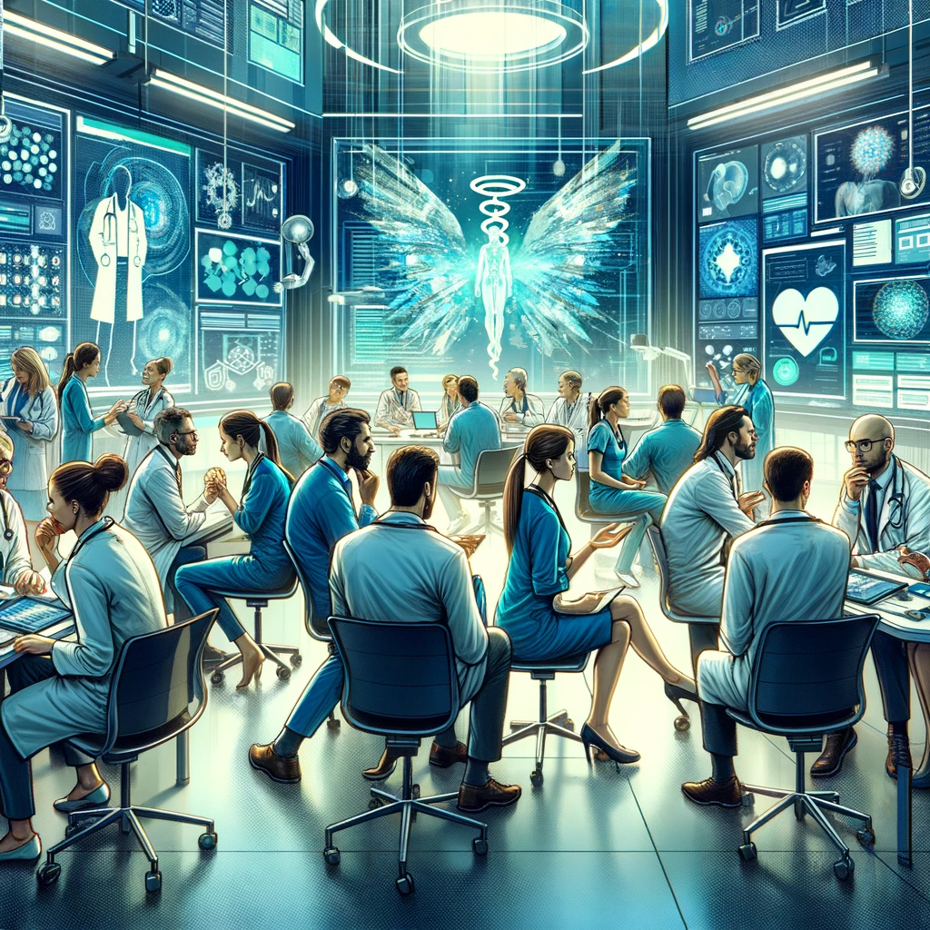 The digital art piece has been updated to showcase healthcare professionals in deep conversation, focusing on the transformative power of AI in healthcare within a technology-rich environment.